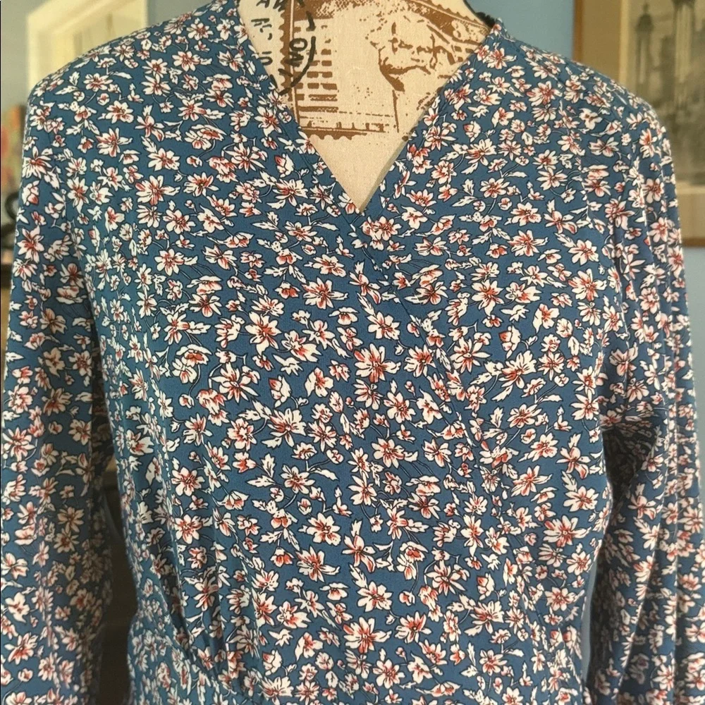 Elings Blue and Cream Floral Wrap Midi Dress Long Sleeve Boho Cottagecore Small